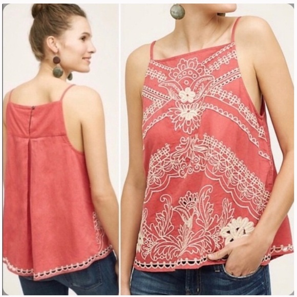 Anthropologie Vanessa Virginia Terracotta Embroidered Cami Tank Top - Picture 2 of 7